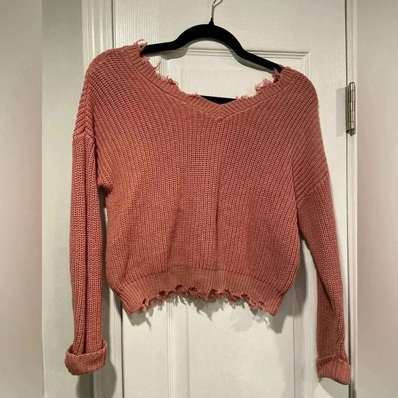 Jessica Simpson Blush Pink Distressed Cropped Knit V Neck Ribbed Sweater Size XS - Picture 1 of 11